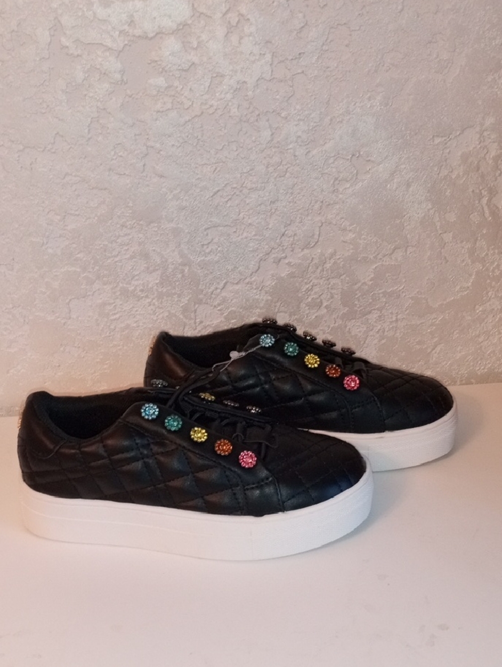 Kurt Geiger LittleKids Quilted Black Platform Sneakers with Colorful Gem Accents